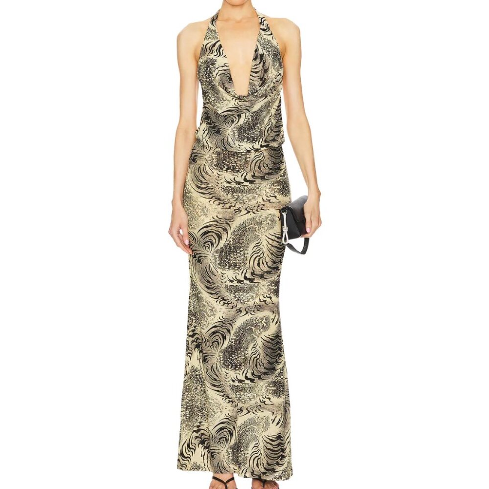 Revolve Superdown Stefania Gown Animal Print Zebra Cowl Neck Low Back Maxi Dress